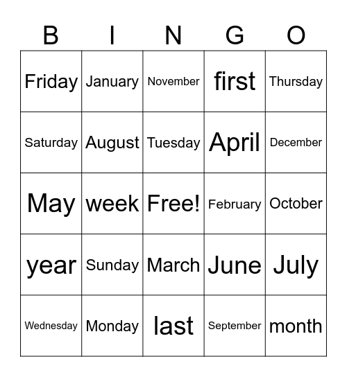 Calendar Bingo Card