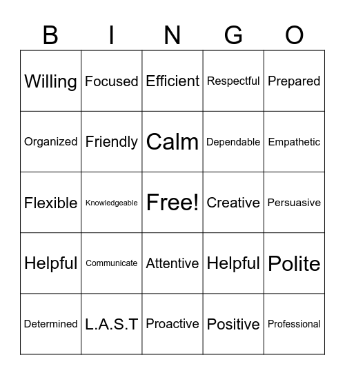 Customer Service Bingo Card