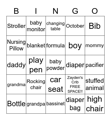 Zayden's Bingo Card