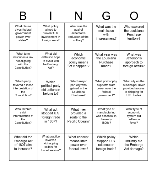 Thomas Jefferson Bingo Card