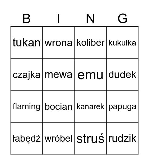 Ptaki zimujące w polsce Bingo Card