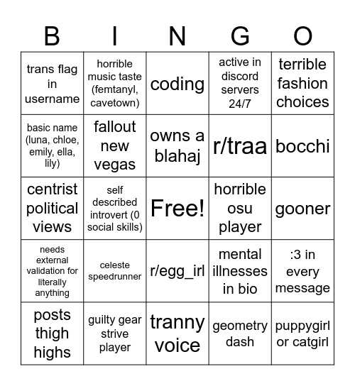 boring transgirl bingo Card