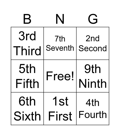 Ordinal Numbers Bingo Card