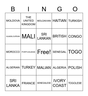 Countries and Nationalities Bingo Card