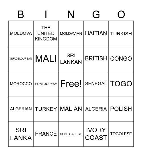 Countries and Nationalities Bingo Card