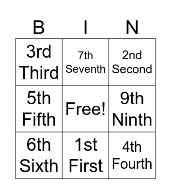 Ordinal Numbers Bingo Card