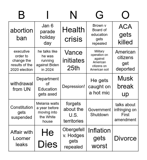 Trump second term Bing Bingo Card