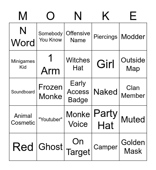 Gorrila Tag Bingo Card