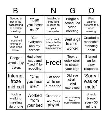 Work from Home Bingo Card