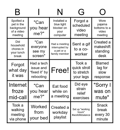 Work from Home Bingo Card