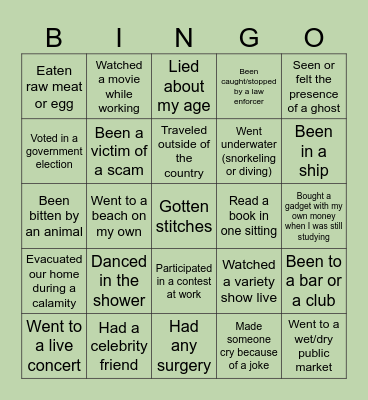 Never have I Ever Bingo Card