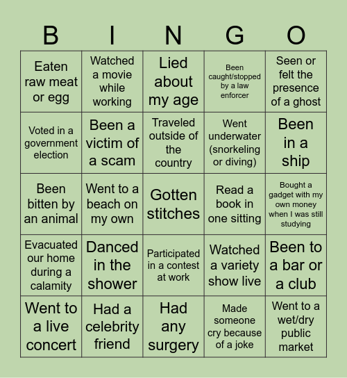 Never have I Ever Bingo Card