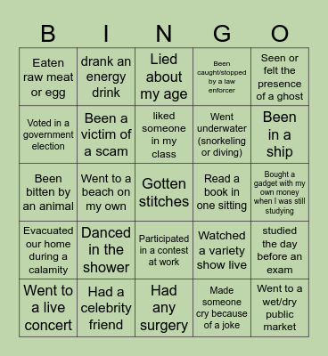 Never have I Ever Bingo Card