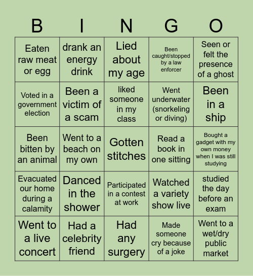 Never have I Ever Bingo Card