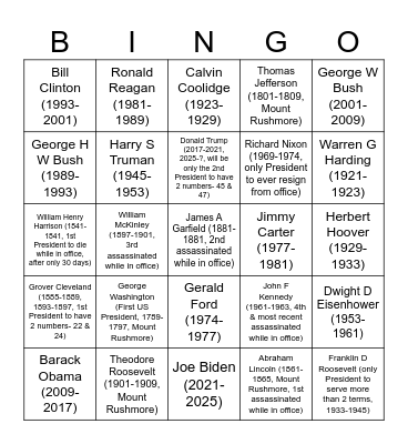 US Presidents Bingo Card