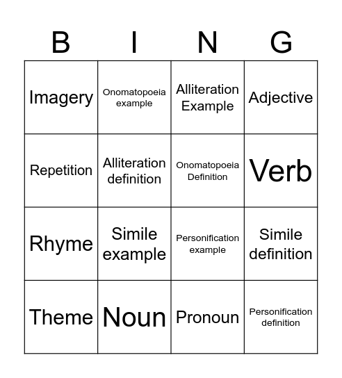 Grammar and Poetic Technique Bingo Card