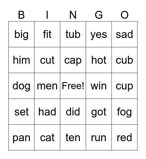 short vowel sounds cvc Bingo Card