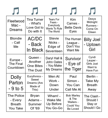 TOP STREAMED 1980'S SONGS FROM SPOTIFY Bingo Card