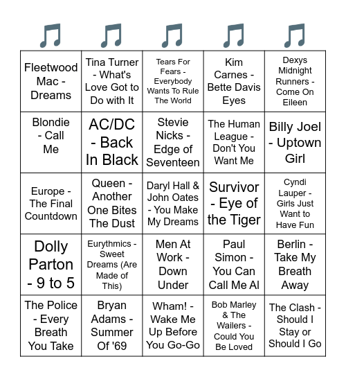 TOP STREAMED 1980'S SONGS FROM SPOTIFY Bingo Card