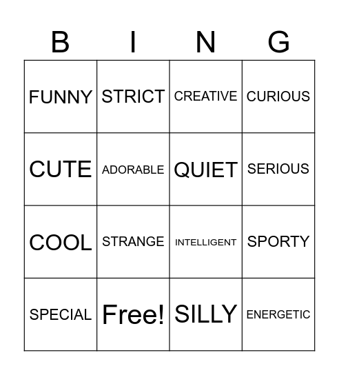 Personality adjectives Bingo Card
