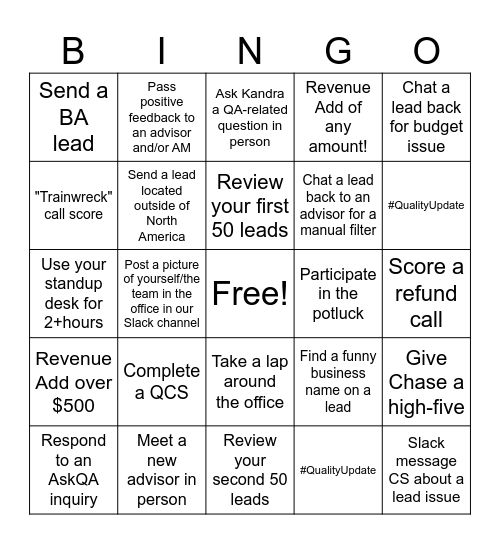 QA In-Office Day Bingo Card