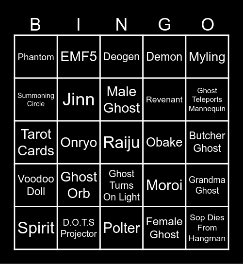 Phasmophobia Bingo Card