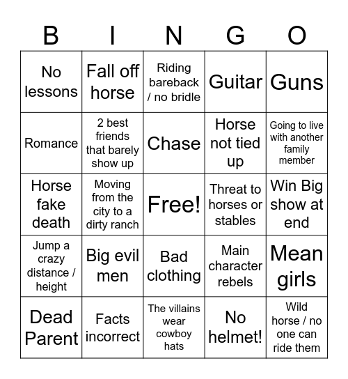 Horse Movie Bingo Card