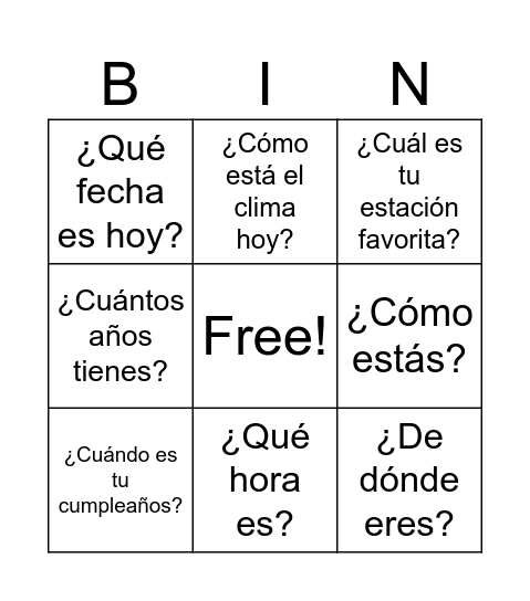 Ask questions to your classmates Bingo Card