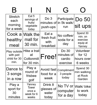 Health and Wellness BINGO Card