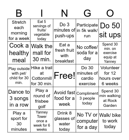 Health and Wellness BINGO Card