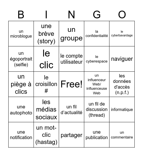 Langue française dans les réseaux sociaux Bingo Card