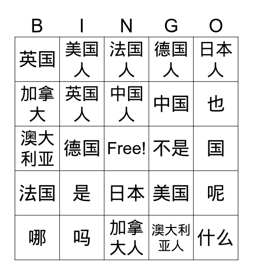 国家 Bingo Card