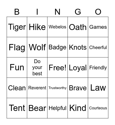 Cub Scout Bingo Card