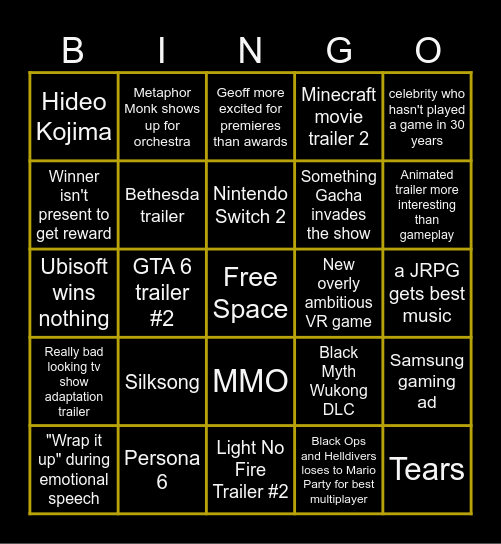 The Game Awards 2024 Bingo Card