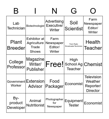 Agriculture Careers Bingo Card