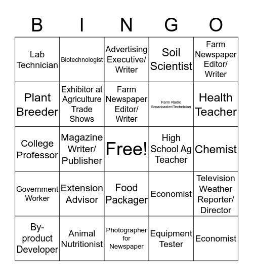 Agriculture Careers Bingo Card