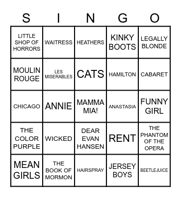 Common House Chatt Drag Singo Broadway Hits Bingo Card