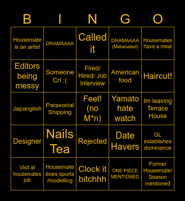 Terrace House Bingo Card
