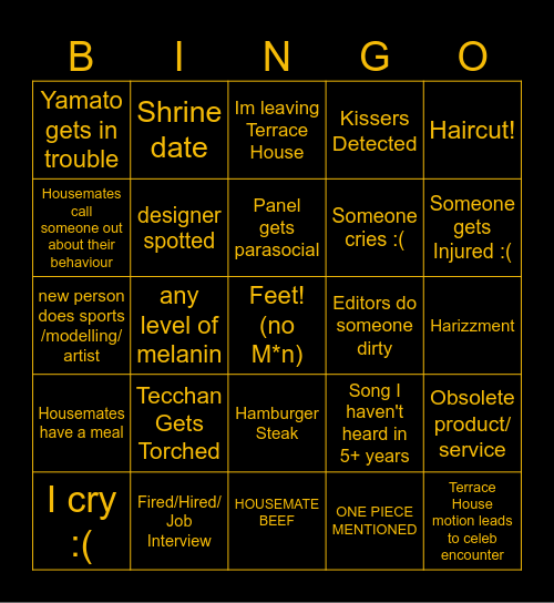 Terrace House Bingo Card