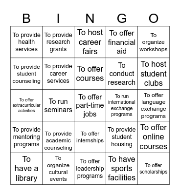 University Bingo Card