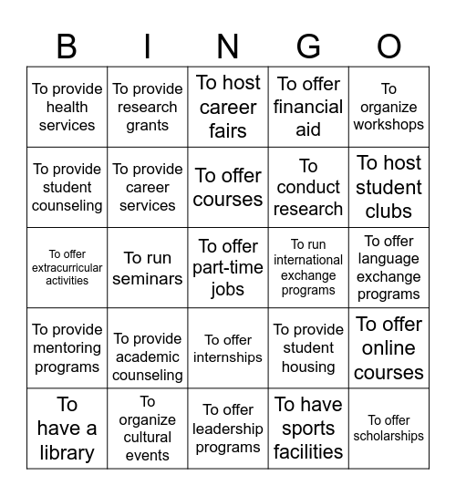 University Bingo Card