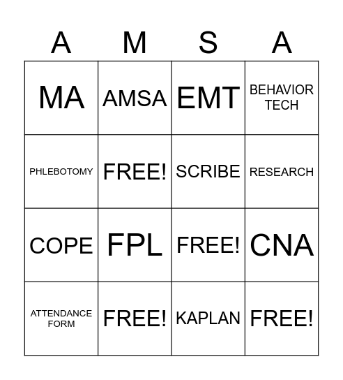 AMSA Clinical Fair Social Bingo Card