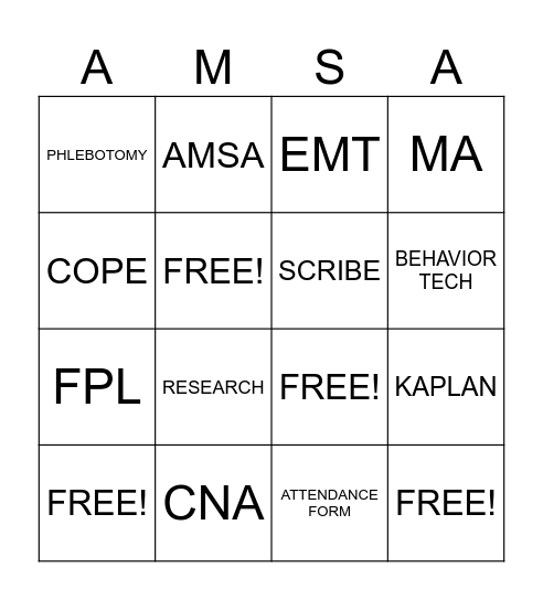 AMSA Clinical Fair Social Bingo Card