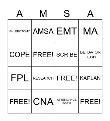 AMSA Clinical Fair Social Bingo Card