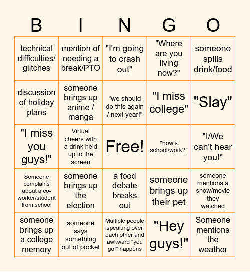 friendsgiving: post grad edition bingo! Bingo Card