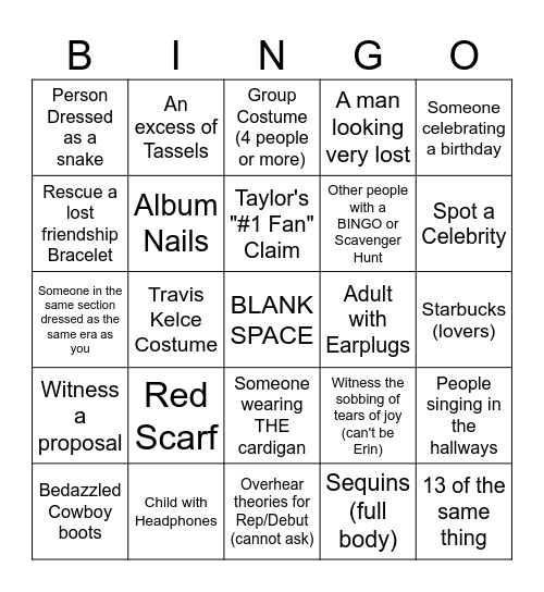 ERAS TOUR BINGO Card