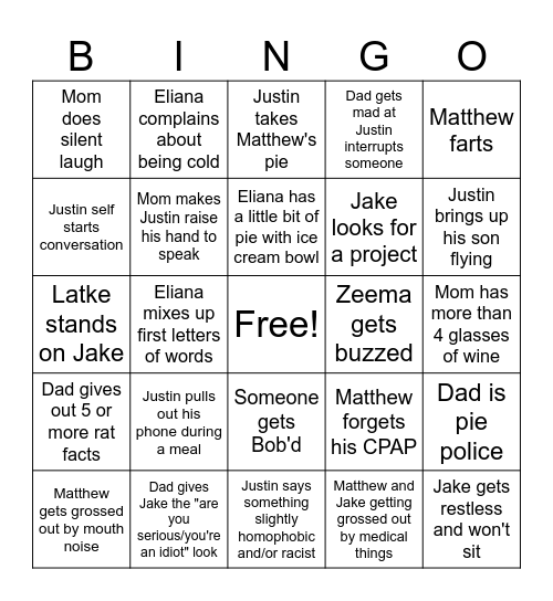 Family Thanksgiving Bingo Card