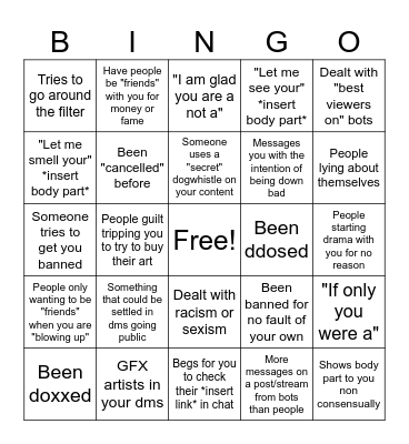 Vtuber Harassment bingo Card