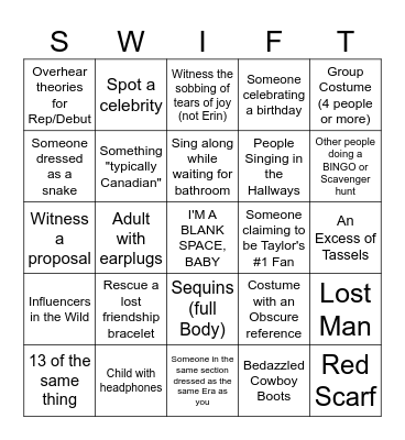 Eras Tour SWIFT-O Bingo Card