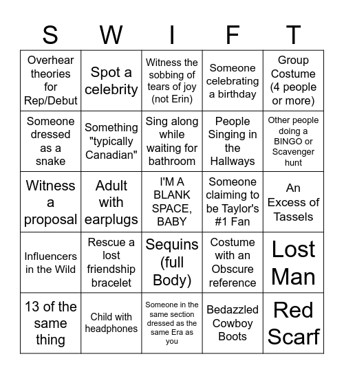 Eras Tour SWIFT-O Bingo Card